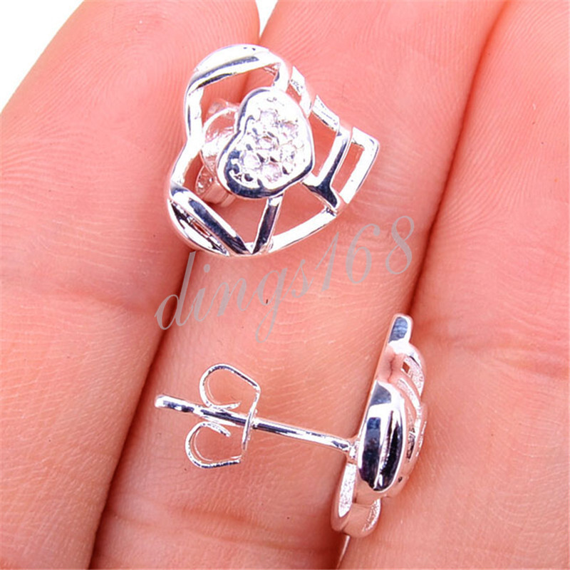 925 Sterling Silver Hypo-allergenic 2 Open Heart Crystal Stud Post Earrings H882