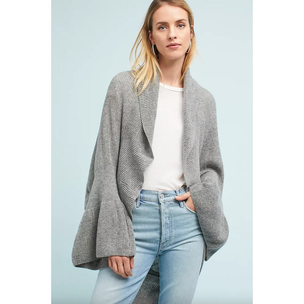 Anthropologie Sleeping On Snow Wool Blend Ruffled-Sleeve Cocoon Kimono Cardigan