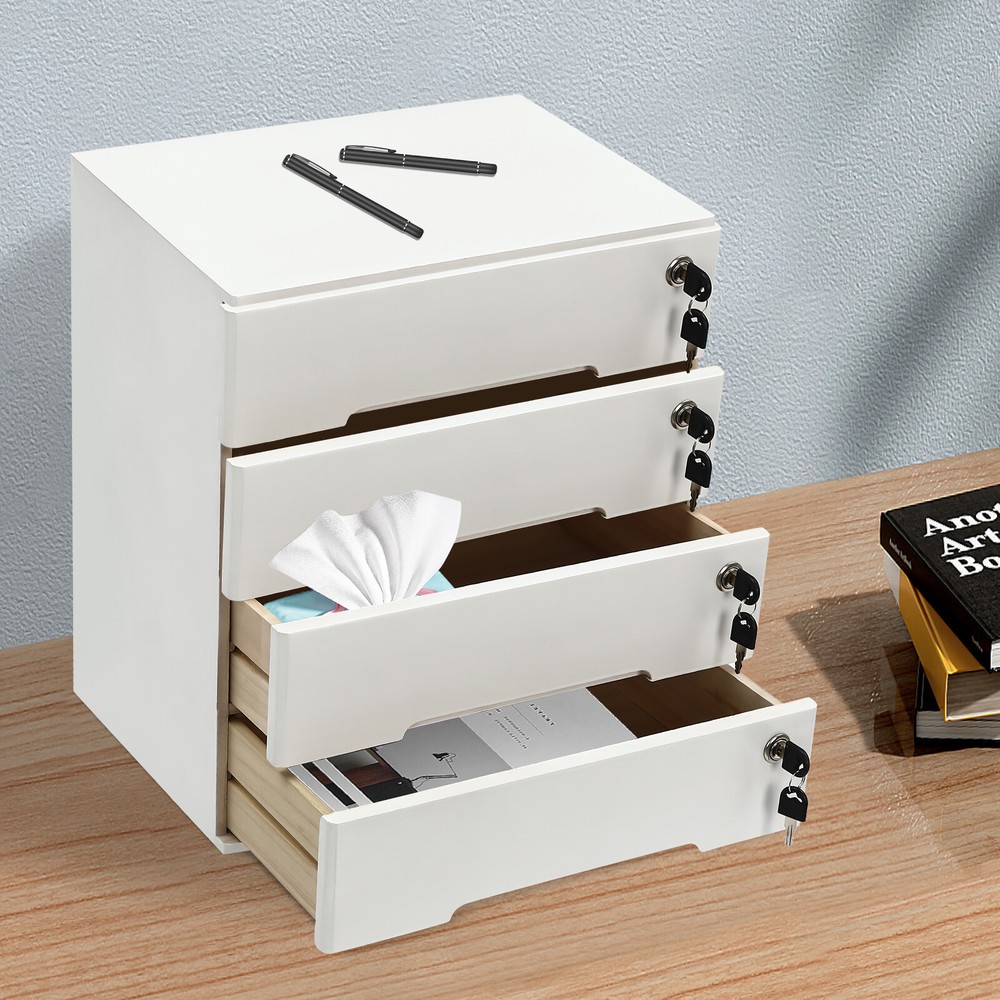 4-layer white wooden desktop storage box with lockable drawers