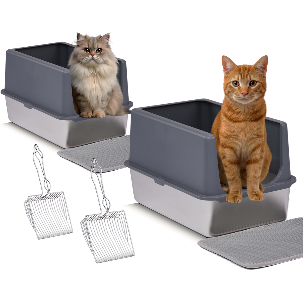 XL Stainless Steel Cat Litter Box 2 Pack with Lid High Sides Easy Clean Double