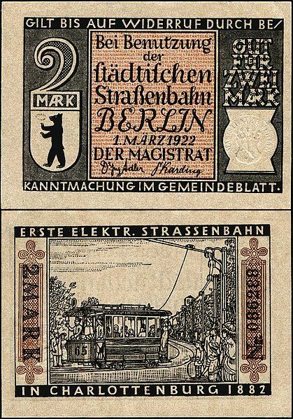 CRISP 1922 BERLIN 2 MARK TROLLEY TICKET/BANKNOTE w CITY's 1ST ELECTRIC TRAM 1882