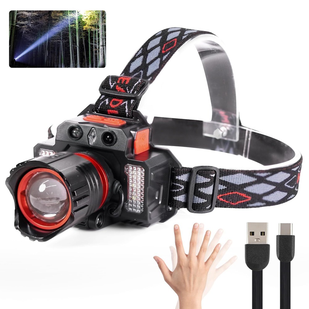 LED Headlamp Rechargeable, 90000 Lumens Super Bright Headlamp with 3+2Modes, ...
