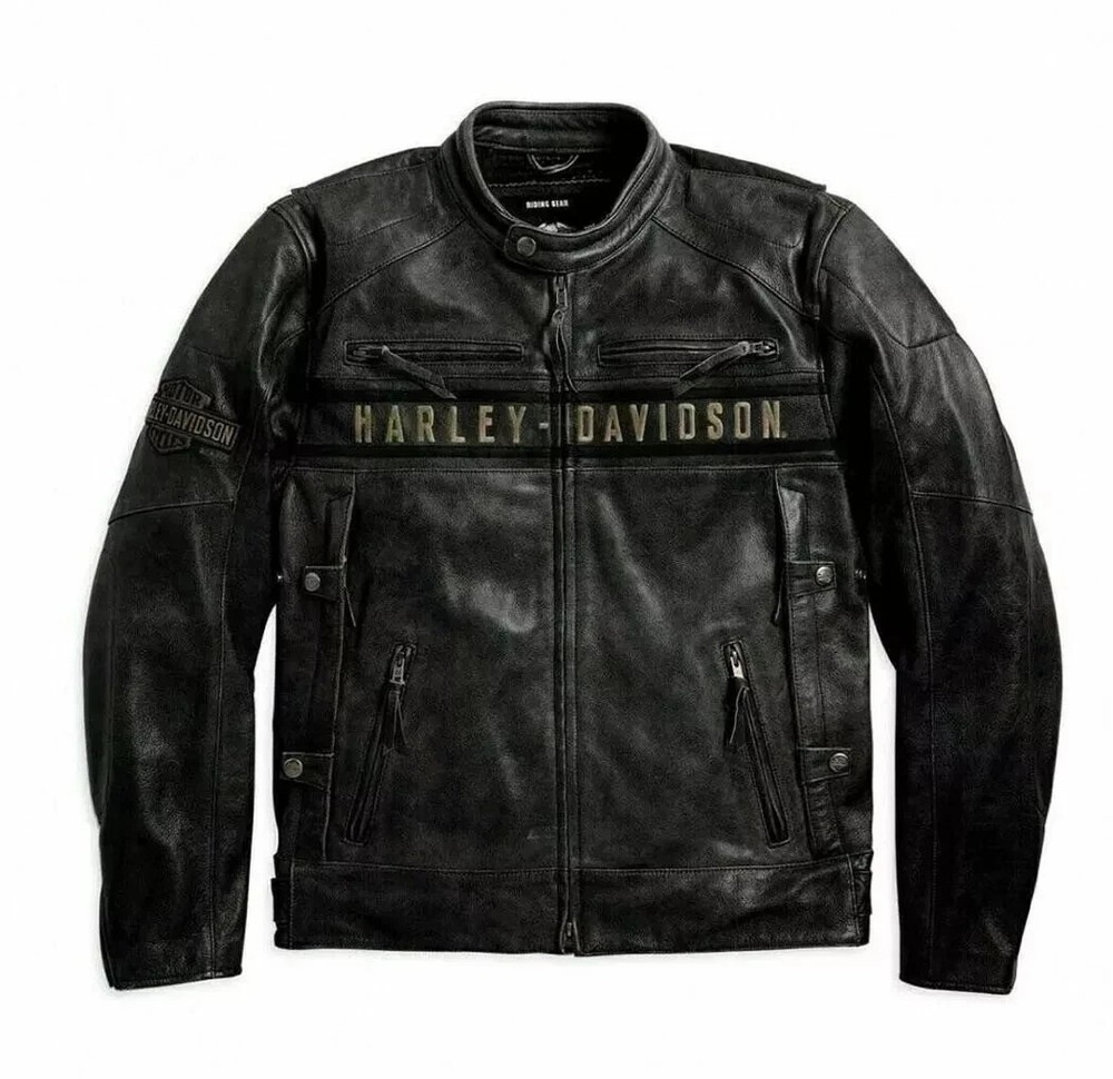 Harley Davidson Men Passing Link Distressed Black Leather Jacket Genuine Cowhide