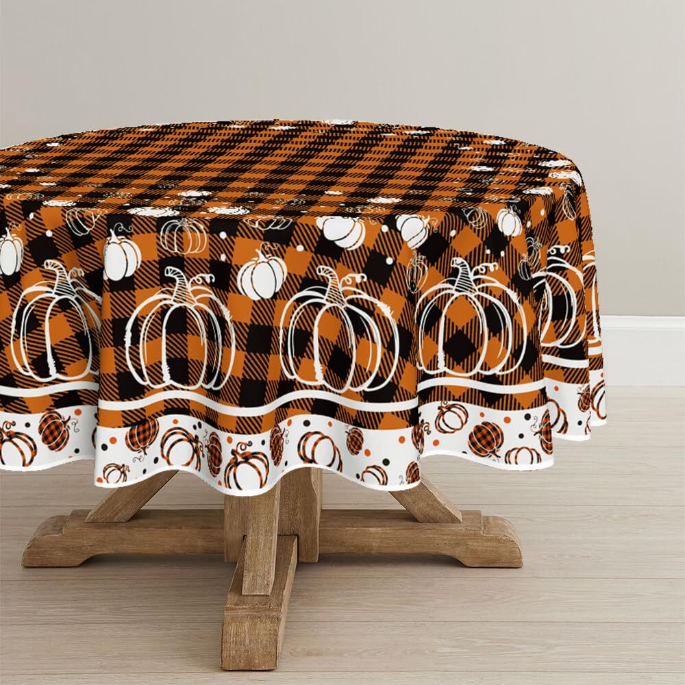 70x70 Inch Round Fall Tablecloth for Thanksgiving in Autumn Harvest Orange and Black