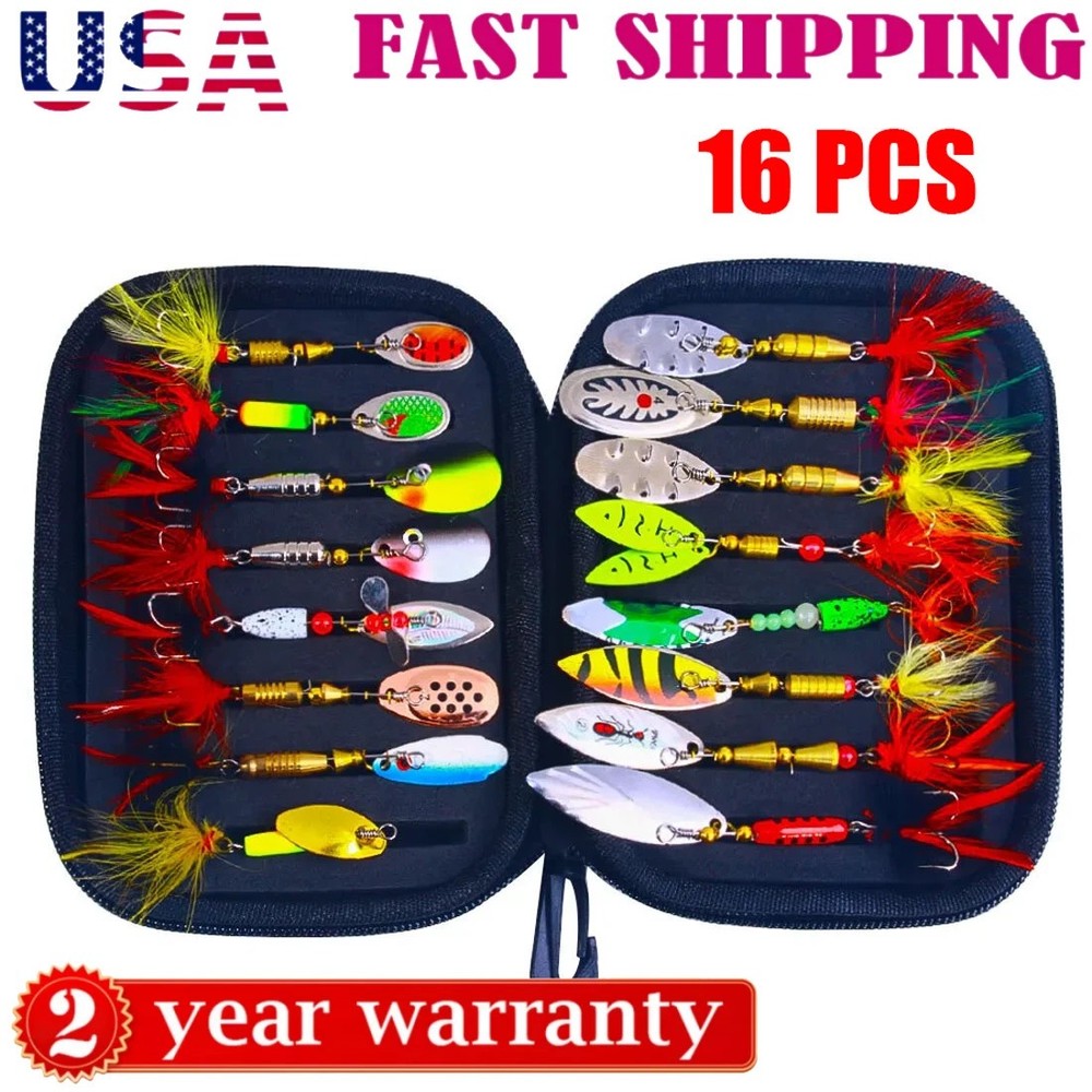16PCS Lot Fishing Lures Bait Metal Crankbait Blade Spinner Bait Spoon Bag Kit`US