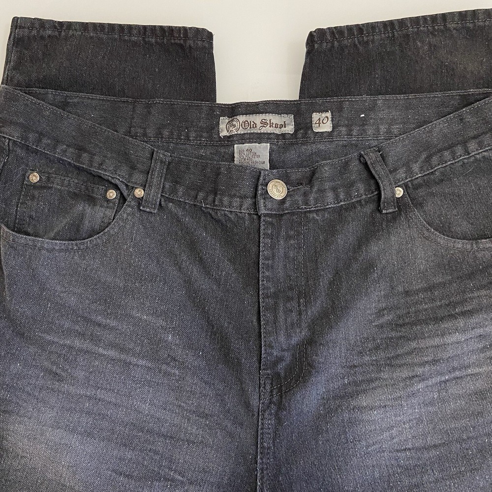 Old Skool Mens Jeans Black Denim Size 40x32 Y2K Straight Leg Baggy Grunge Skater