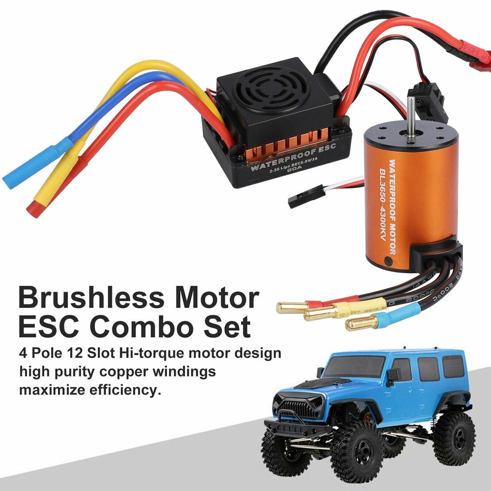 3650 4300KV Brushless Motor + 60A ESC Combo Set Waterproof for 1/10 RC Car Truck