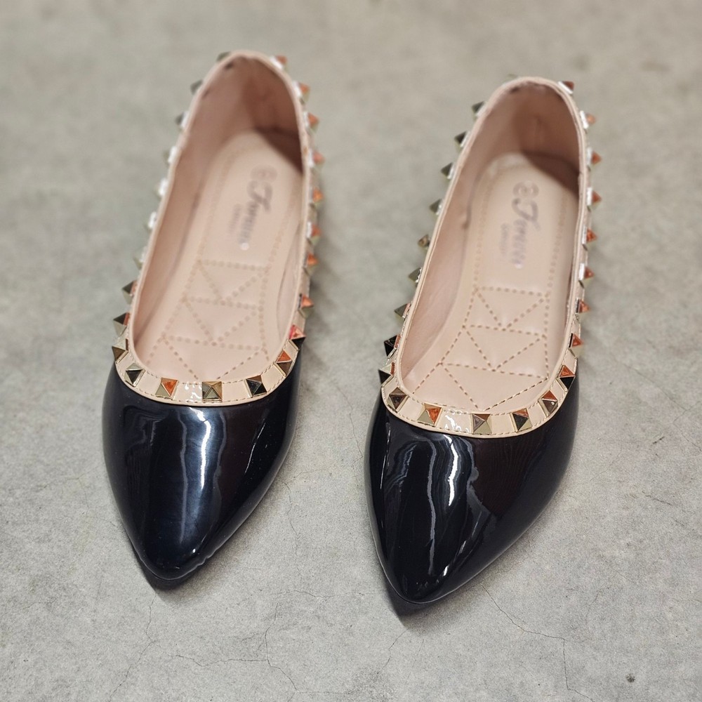 Black Patent Pointed Toe Flats With Gold Studded Trim