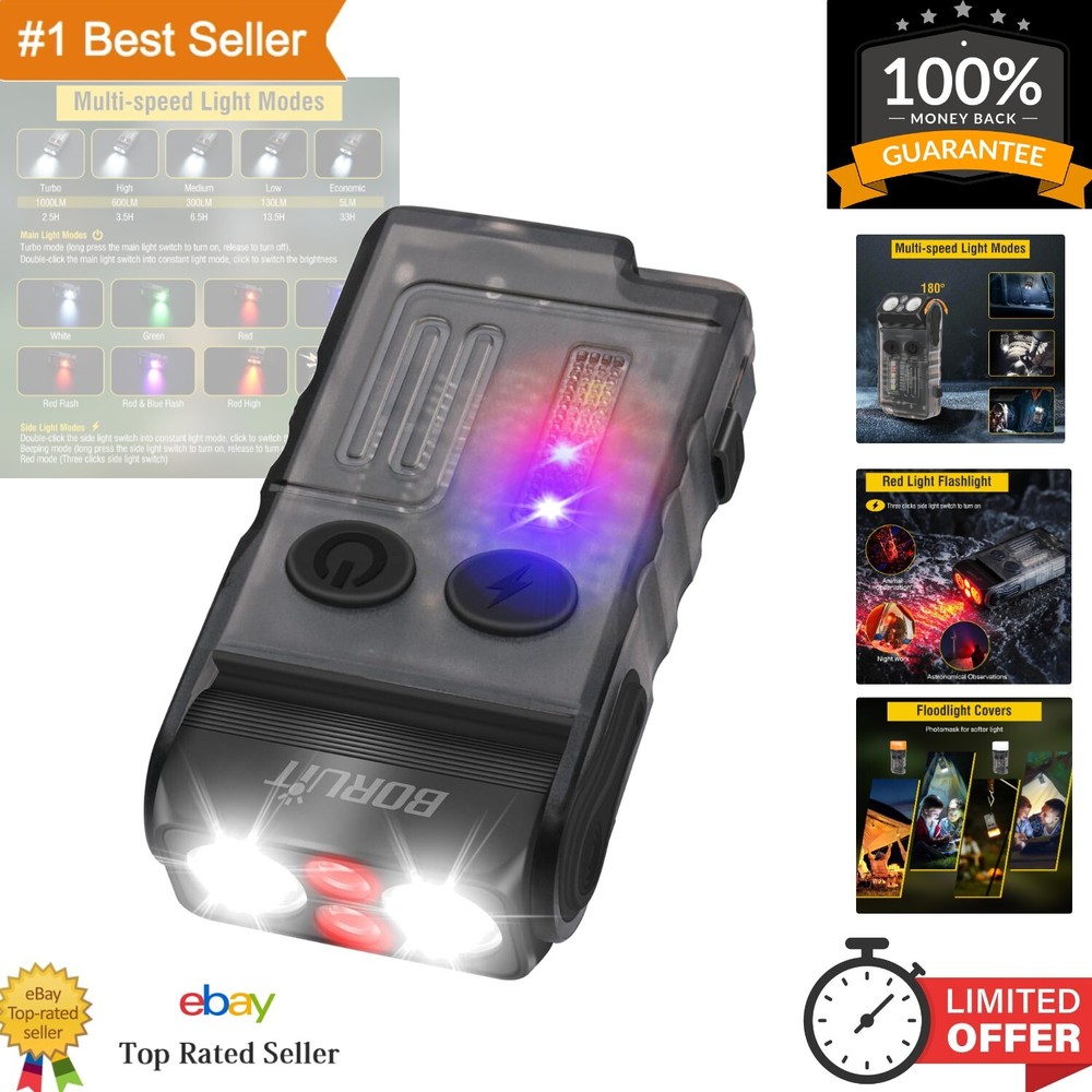 Compact 1000LM Waterproof Flashlight with Red/Blue Light & Emergency Buzzer