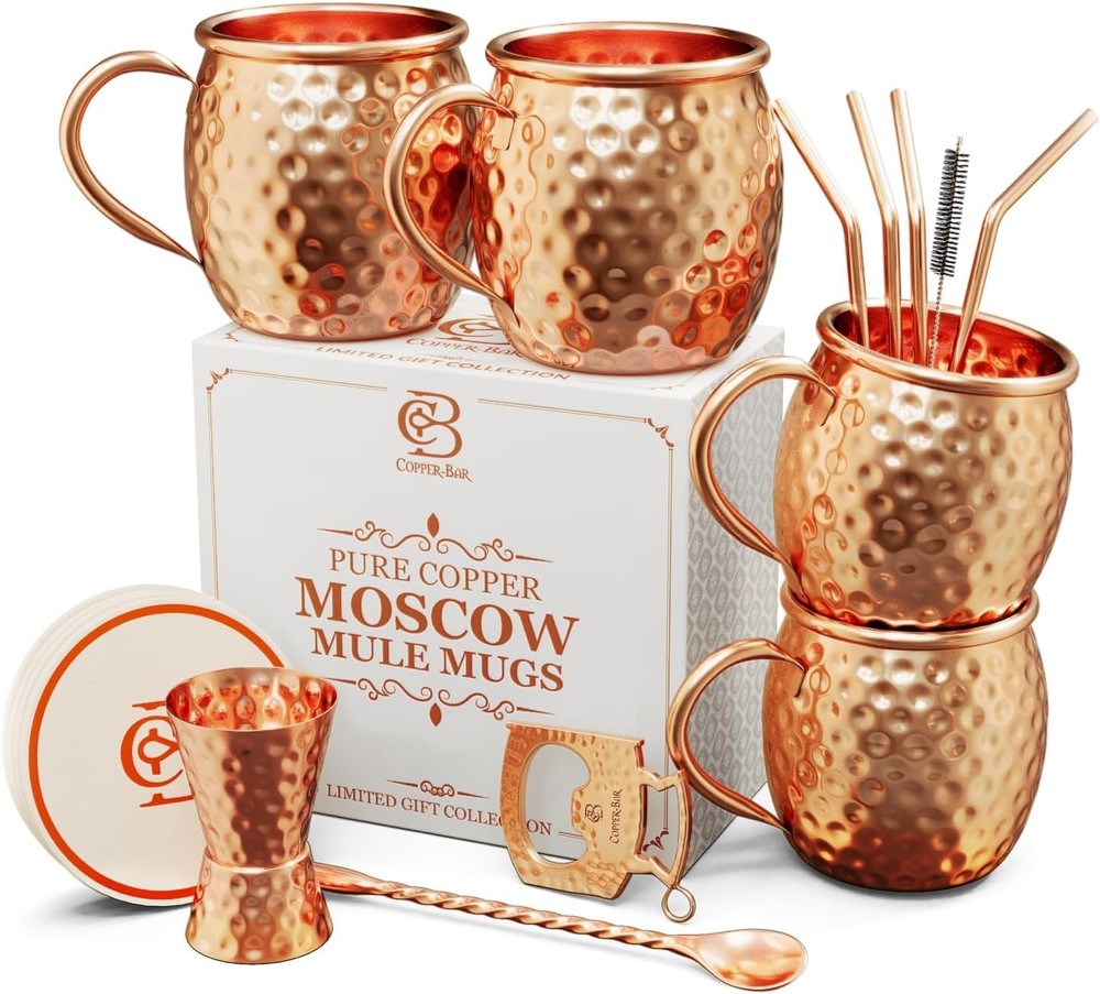 Moscow Mule Copper Mugs | Set of 4 Hammered Cups | 100% Handcrafted Pure Solid C