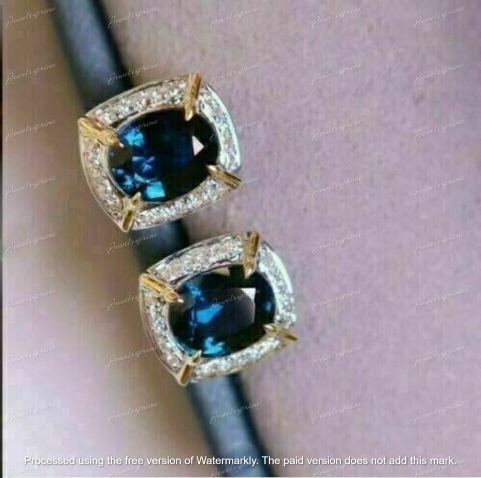 Women Stud Earring 2Ct Oval Lab Created Blue Sapphire 14K Two Tone Gold Plated