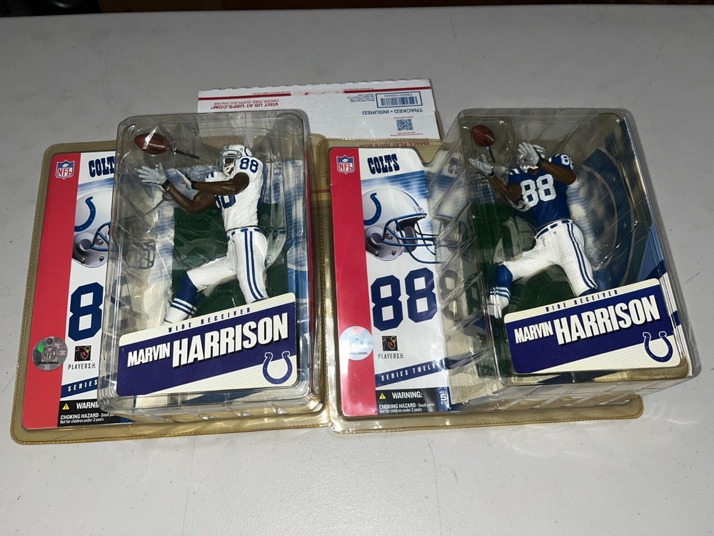 MARVIN HARRISON McFARLANE TOYS LOT OF 2 - BLUE & WHITE JERSEY VARIANT + BONUS