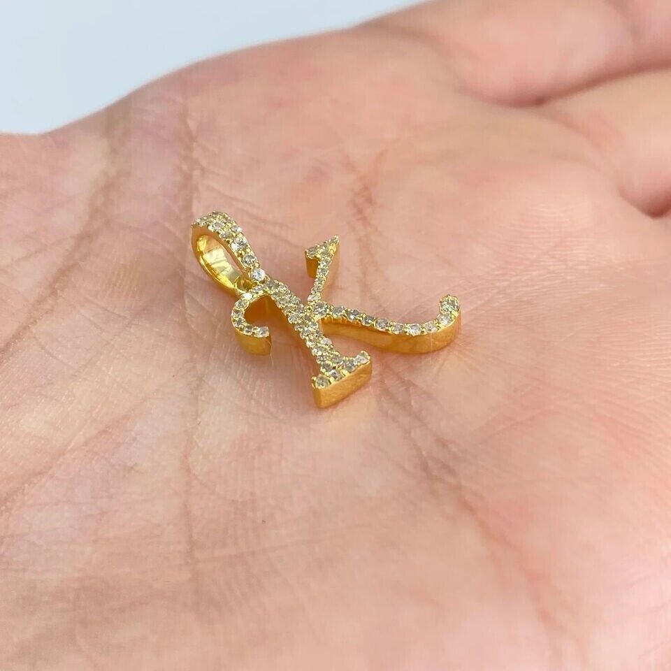 Stunning Initial K Charm Pendant Round Simulated Diamond 14K Yellow Gold Plated