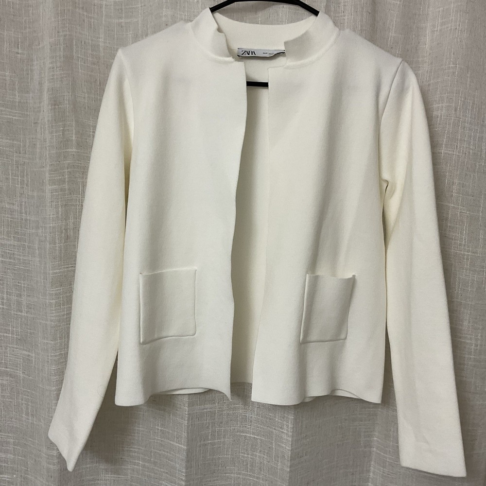 Zara women Size S open front Sweater Cardigan Shrug Jacket White Knit Poly Blend