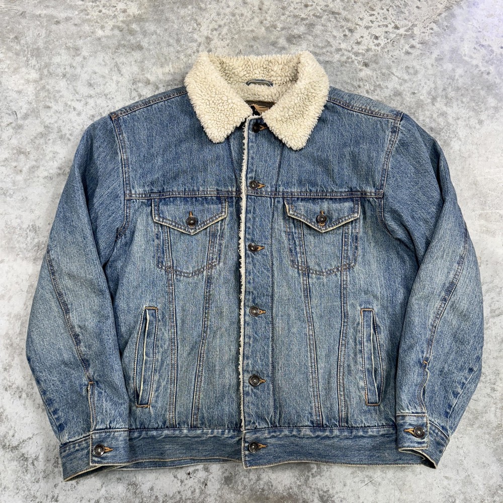 Arizona Jean Company Jacket Mens Medium Blue Sherpa Lined Denim Trucker Western