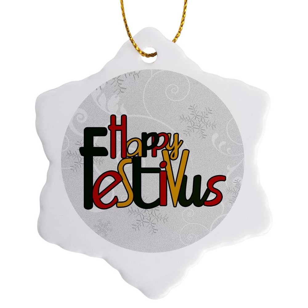 3dRose Happy Festivus Red Gold Green Snowflake Ornament 3-Inch Holiday Decor