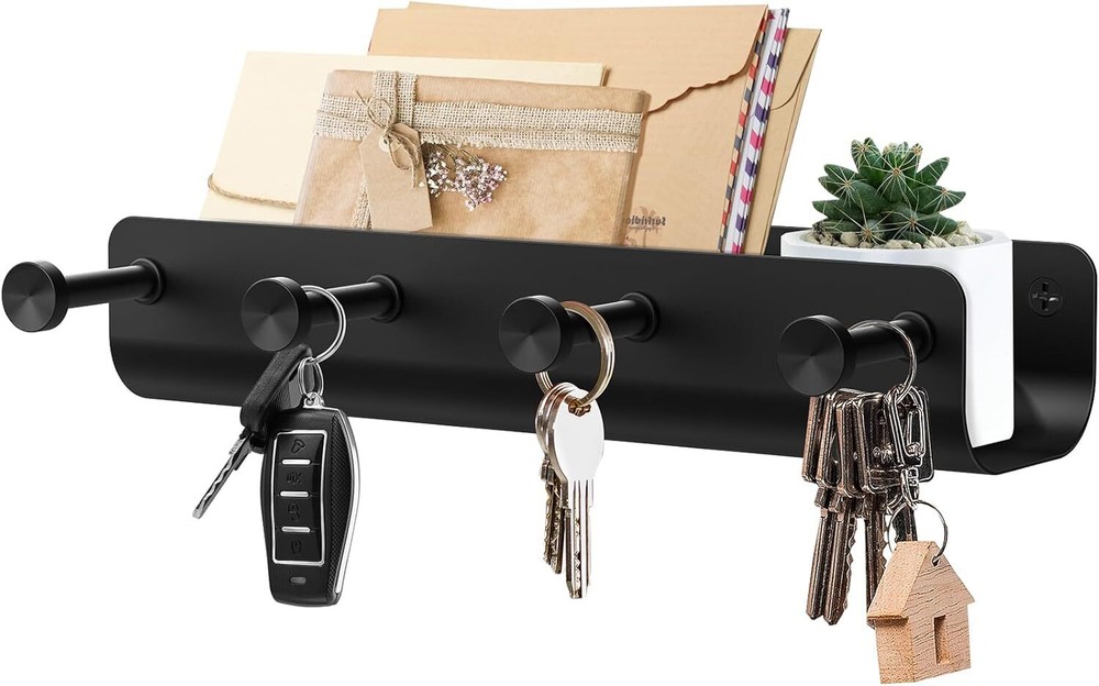 Black Metal Wall Key Holder with Narrow Tray & Hooks