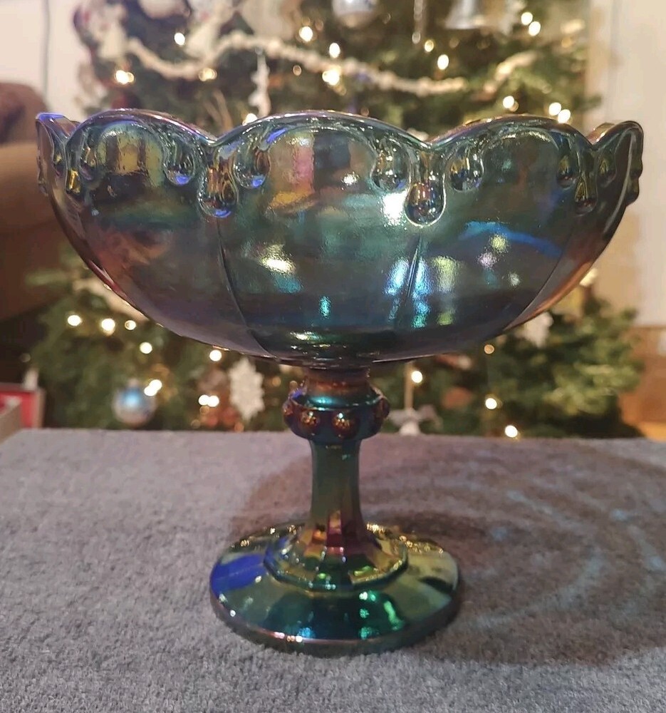 Vintage Indiana Glass Iridescent Blue Carnival Garland Pedestal Fruit Bowl