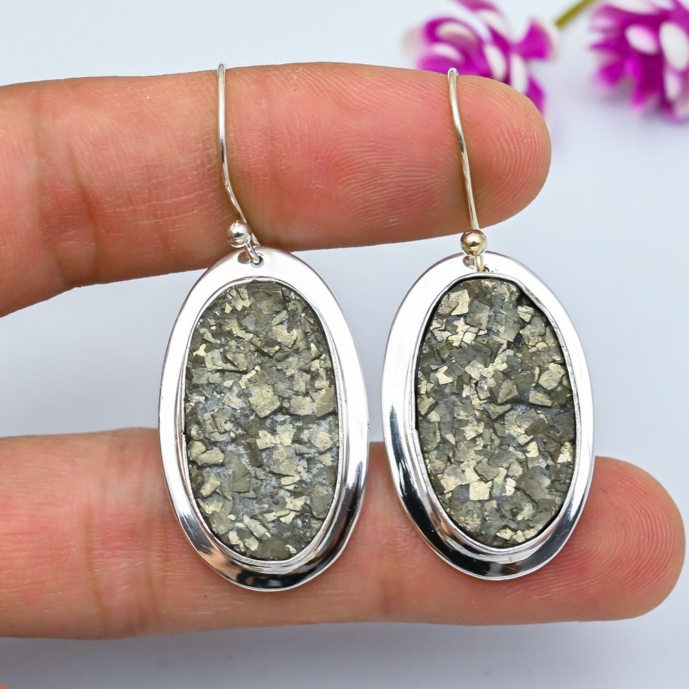 Raw Pyrite Gemstone Handmade 925 Sterling Silver Wedding Earrings Jewelry Gift
