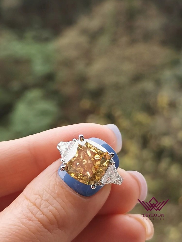 6 Carat Square Cushion Cut Champagne Yellow Three Stone 14K Moissanite Ring