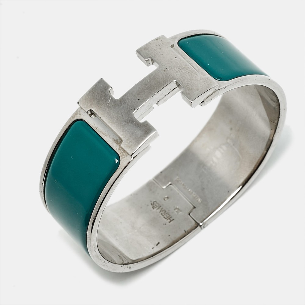 Hermes Clic Clac H Green Enamel Palladium Plated Bracelet