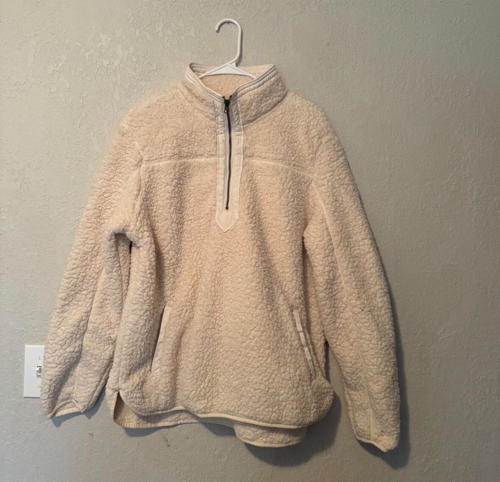Cozy cream-beige fuzzy sherpa quarter zip pullover for women size L by Time & Tru