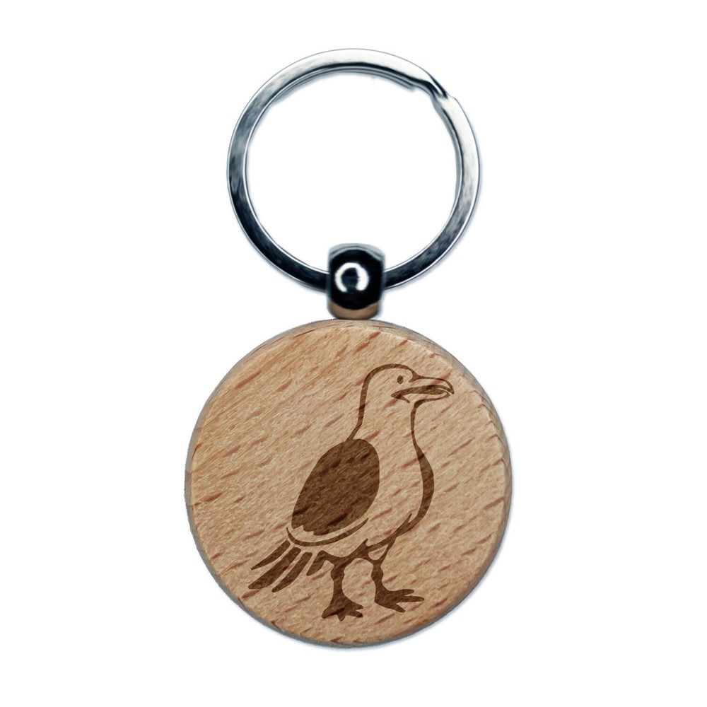 Standing Seagull Bird Engraved Wood Round Keychain Tag Charm