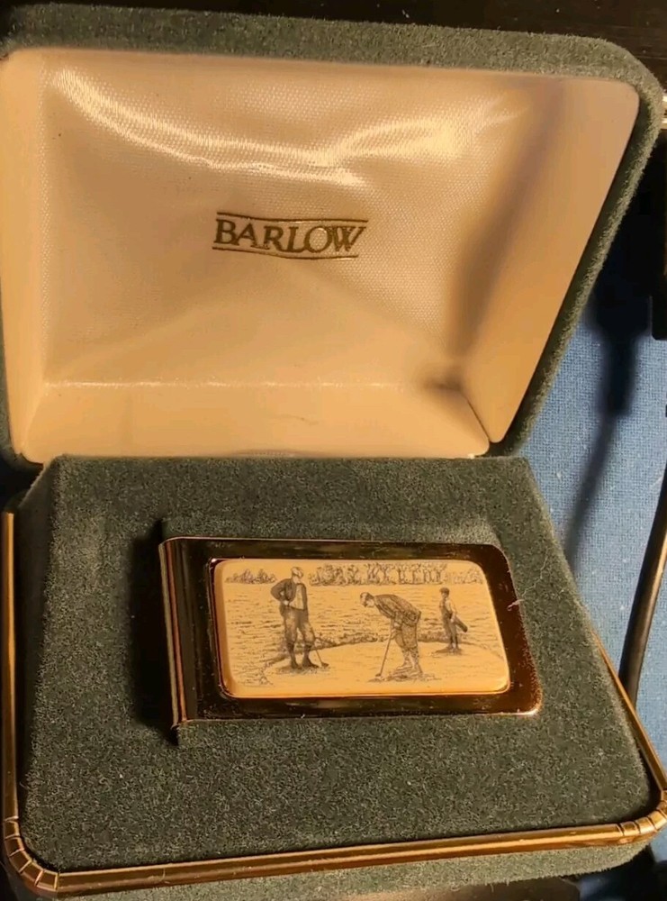 Vintage Barlow Gold-tone Money Clip faux scrimshaw Golfers On Green+Box Case