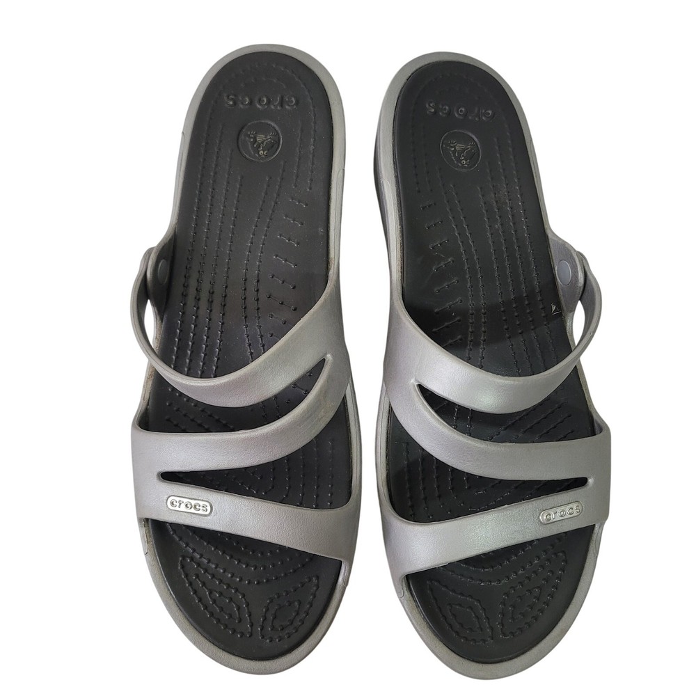 Crocs W11 Slip-On Silver Black Swiftwater Strappy Sandals Open Back