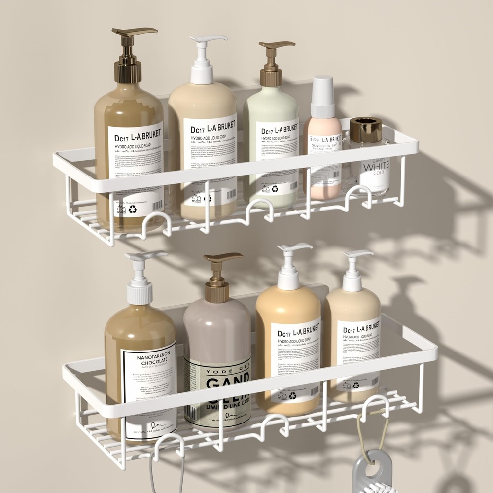 White Shower Caddy Organizer 2 Pack Adhesive Shampoo Holder Basket Shelves