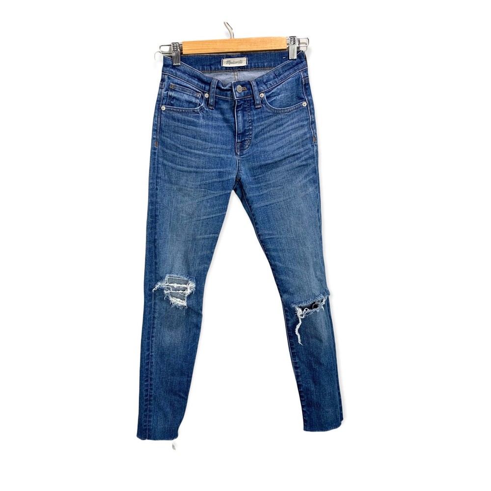 Madewell 9 High-Rise Skinny Crop Jeans Bruce Wash 24 Raw Hem Distressed Denim