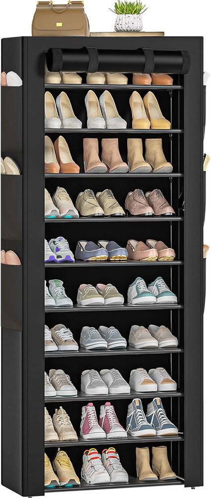 Black Large Shoe Rack with 6 Side Pockets, 23.6x11.4x68.9 Inches, Holds 36-41 Pairs