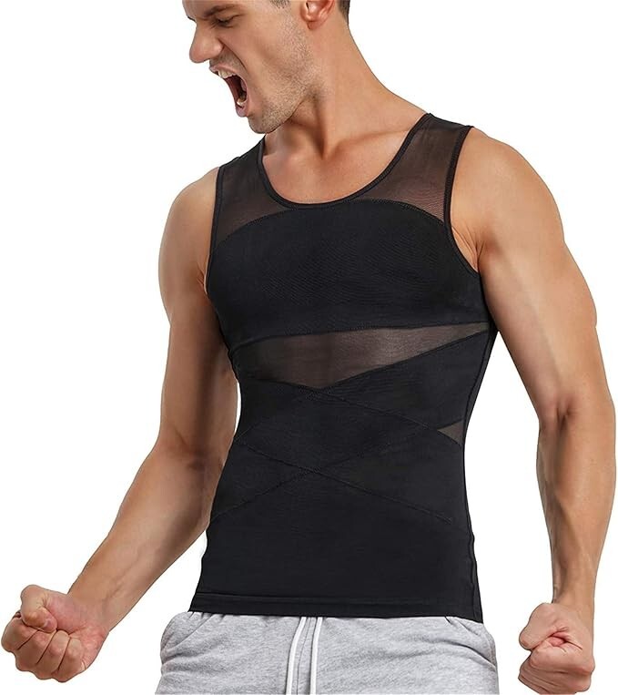 Men's Slimming Compression Shirt Tight Tummy Control Vest Black Large  