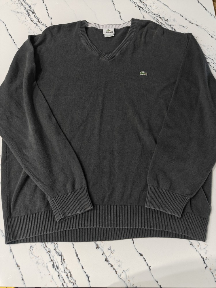 Lacoste Sweater Mens Size 8=2XL Black V Neck Pullover Cotton Classic Croc Logo