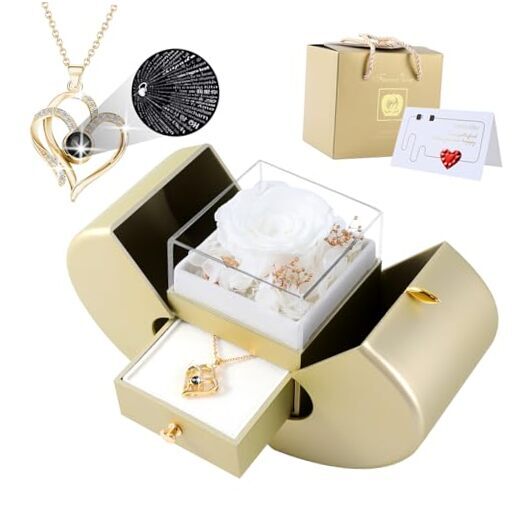 Preserved Rose Beige gold Box with I Love You Necklace 100 Beige Gold