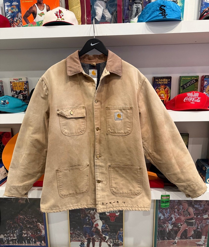 Carhartt Tan Workwear Canvas Blanket Lined Chore Jacket Coat with Corduroy Sz L