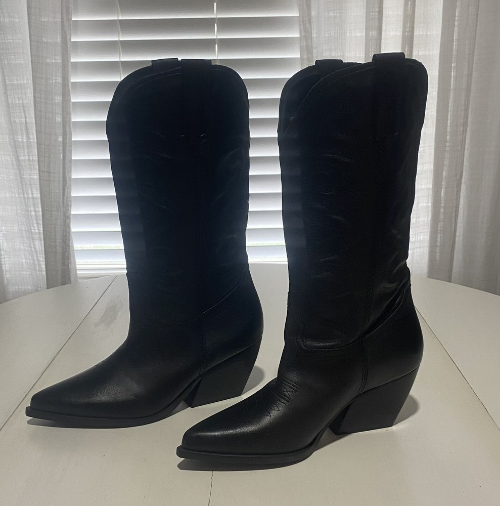 Steve Madden West Black Leather Western Boots Block Heel Size 8.5