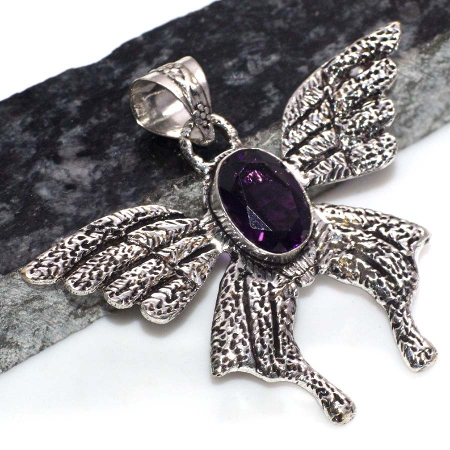 925 Silver Flying Fox Bat Amethyst Pendant Necklace 2 Inch
