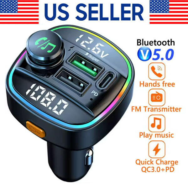 Bluetooth 5.0 Car Wireless FM Transmitter Adapter USB PD Charger AUX Hands LOT