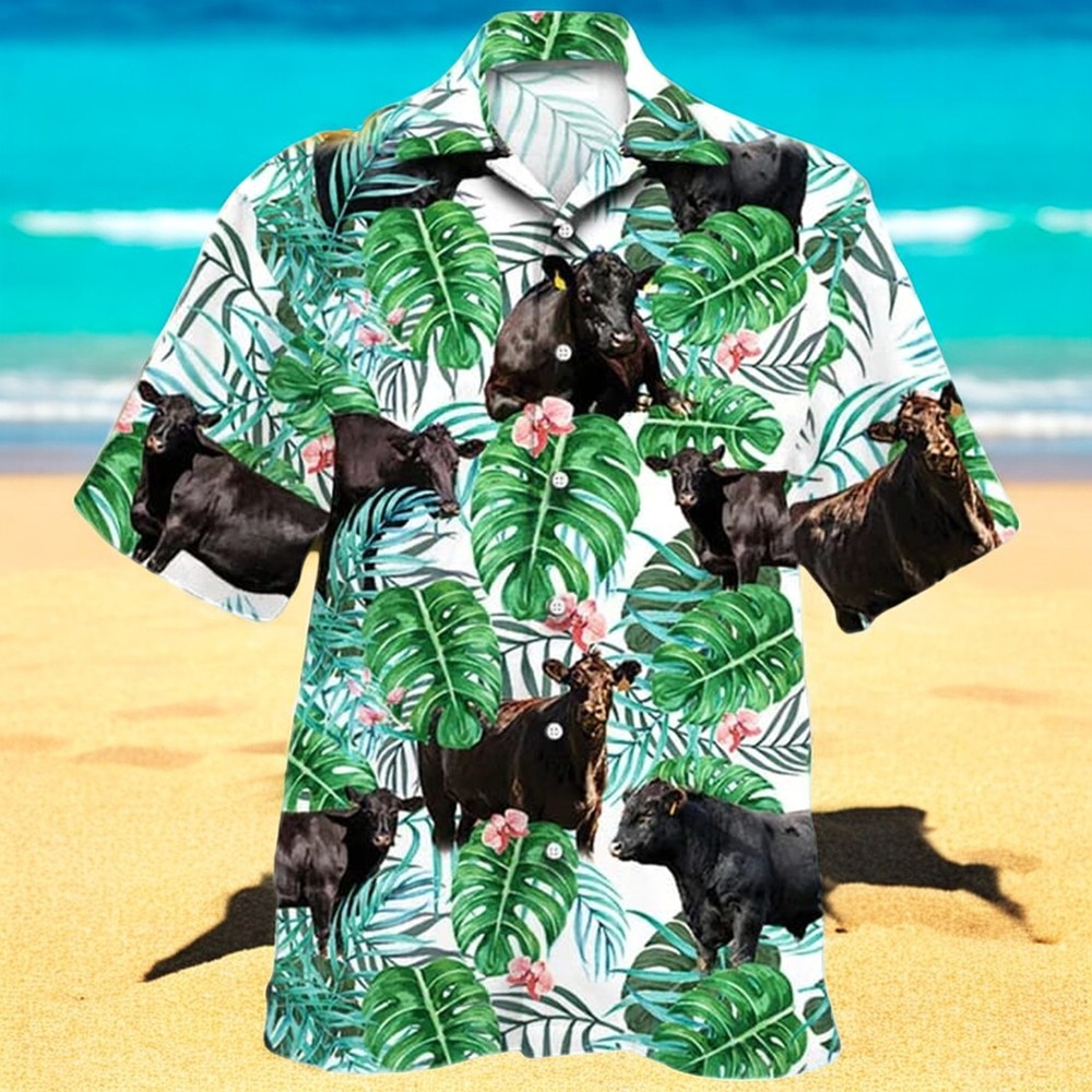 Black Angus Cattle Lovers Tropical Plant Hawaiian Shirt