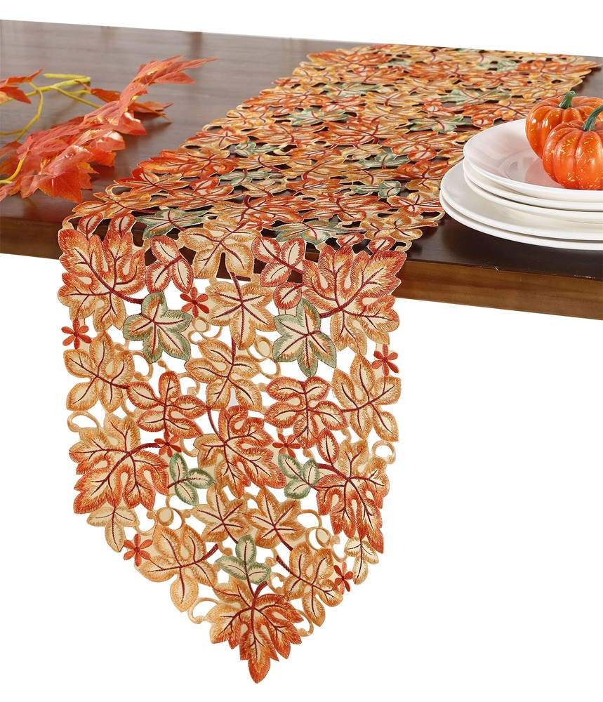 Fall Thanksgiving Table Runner 13X54 Inch with Cutwork Embroidered Maple Leav...