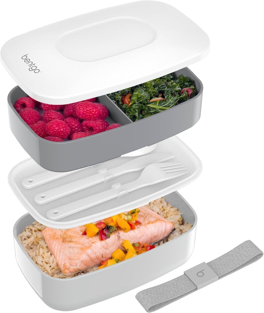 Stackable 3-cell adult lunch box with detachable tableware set