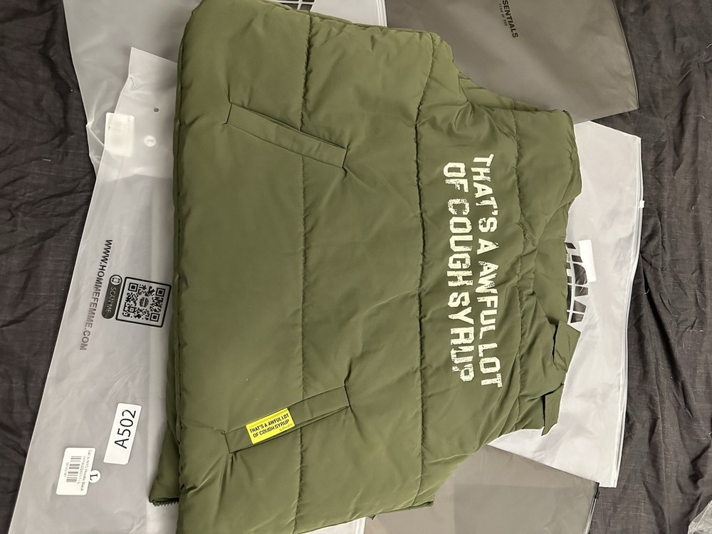 Green Puffer Vest with Cough Syrup Print - Size Large  
