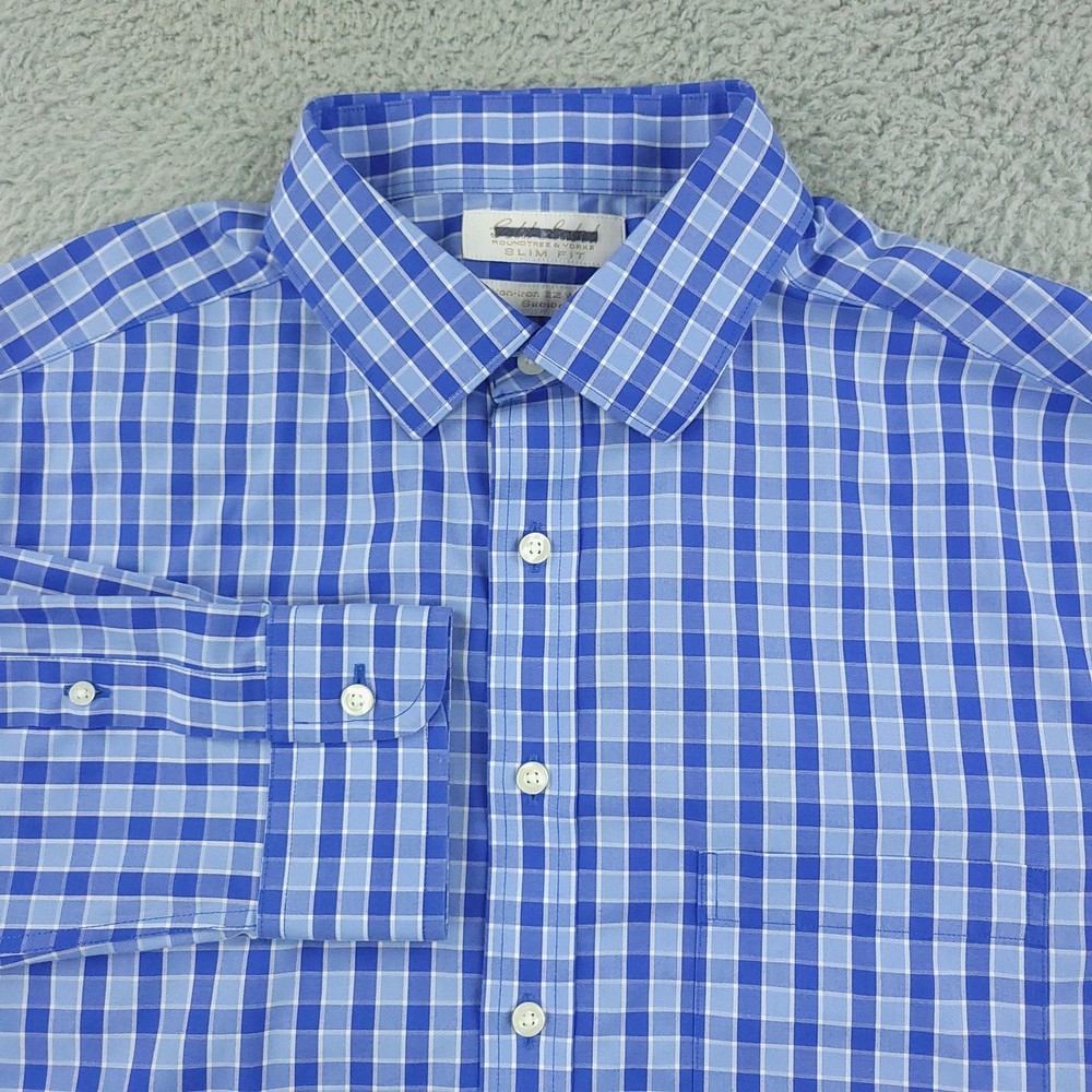 Roundtree & Yorke Gold Label Dress Shirt Mens 16.5 32/33 Blue Check Slim Stretch