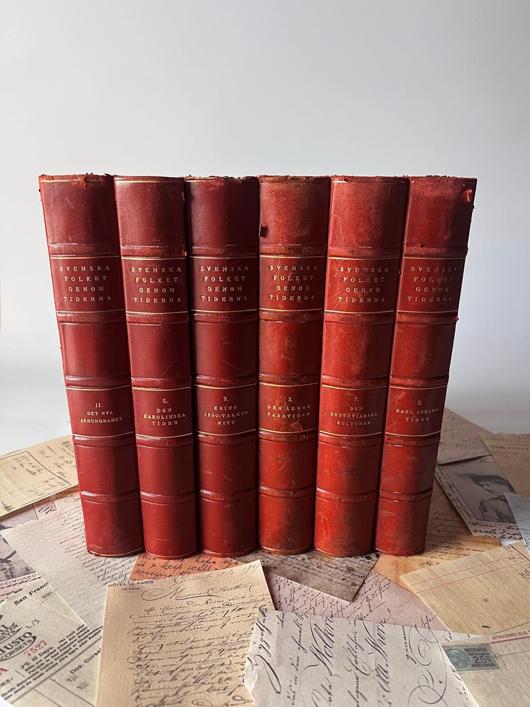 Vintage Set of 6 Large Quarter Leather Bound Mahogany Swedish Books with Strip