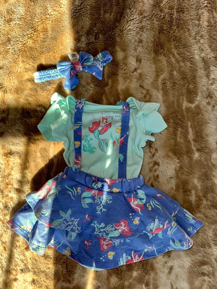 Disney Baby Ariel 3 Piece Set. Top, Overall skirt, Bow. 6-9 Months