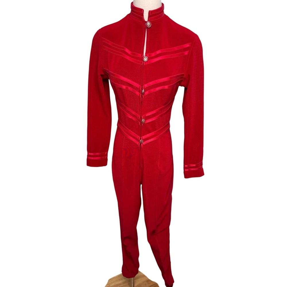 Vintage Tadashi Shoji retro future military marching band jumpsuit red size S