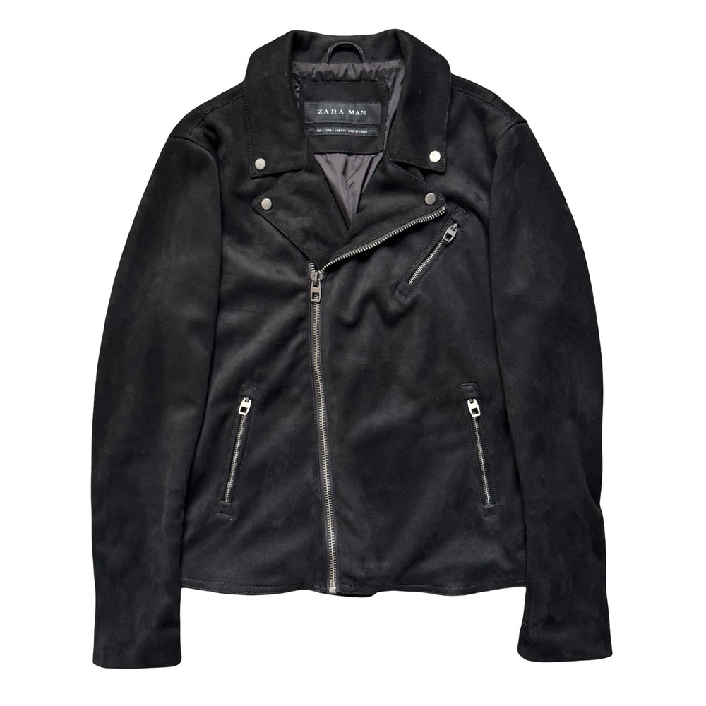 Zara Man Faux Suede Biker Jacket Black Mens Small Slim