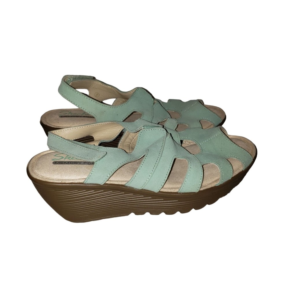 Skechers Suede Slingback Memory Foam Wedge Seafoam Green Womens Shoes 8 Comfort