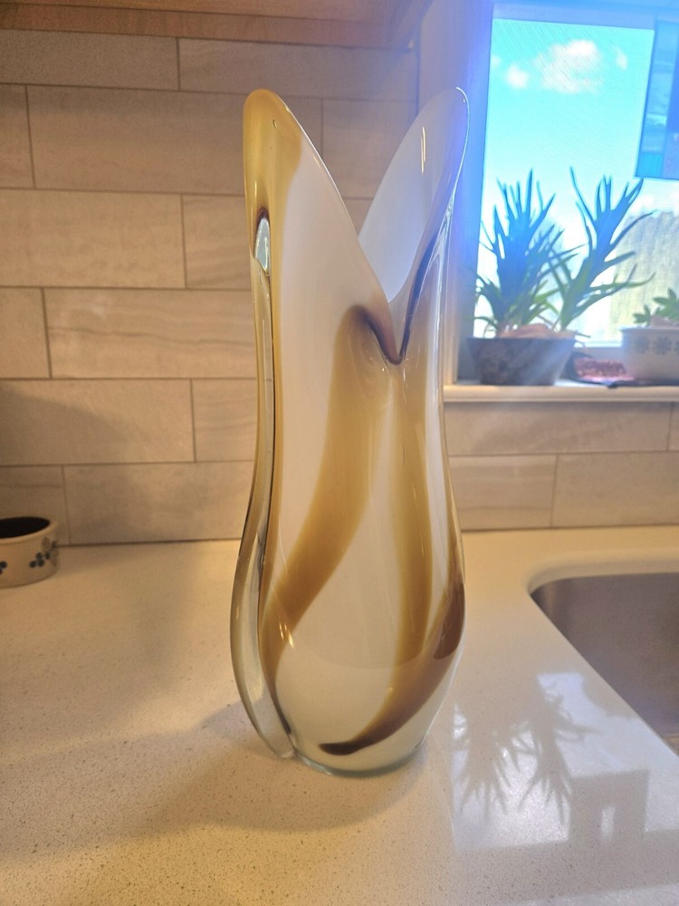 Handblown swung-style art glass vase amber & white streaks 15